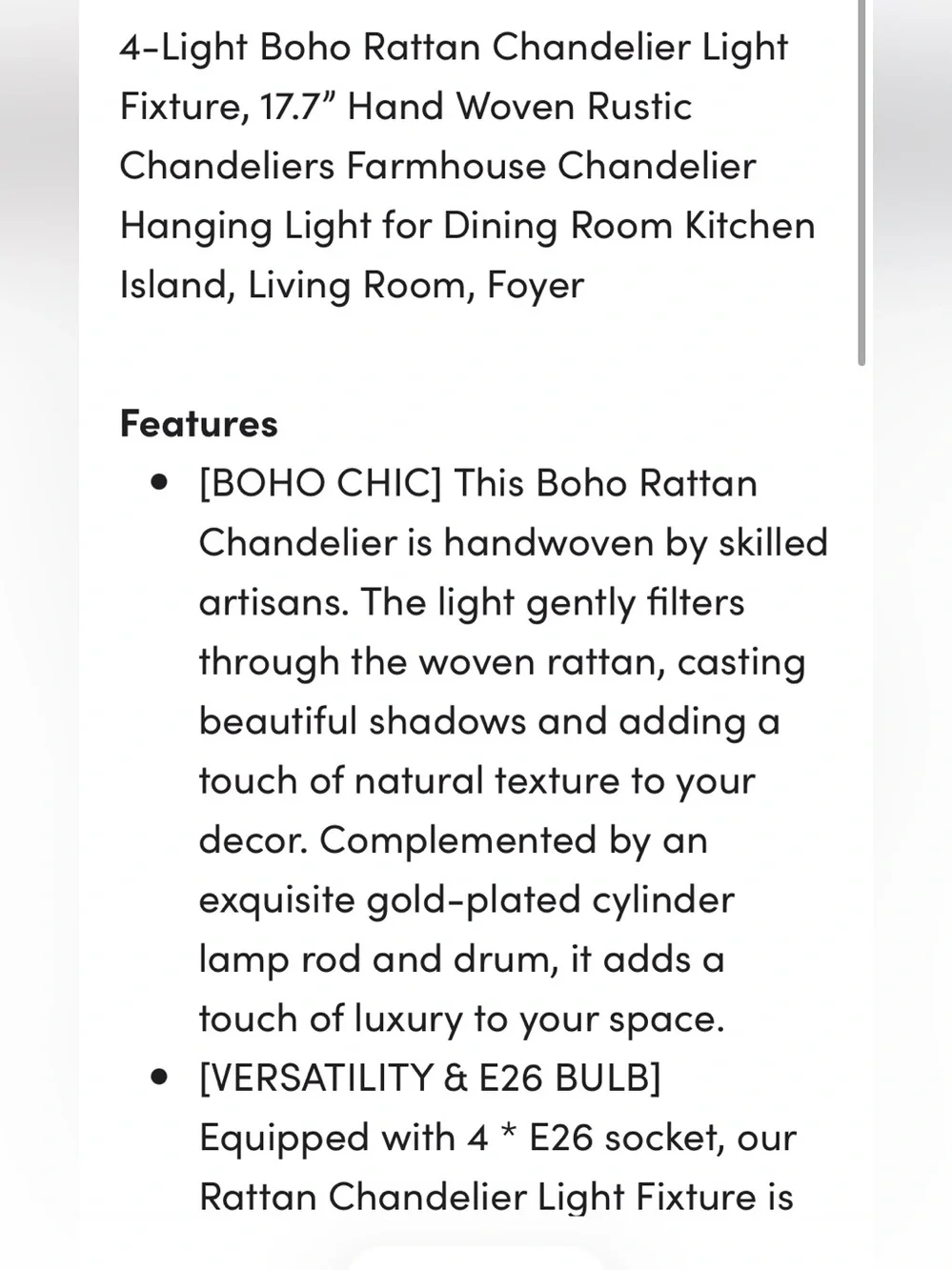 EVERLY QUINN NWT 4-light Boho Rattan Chandelier Light Fixture, 17.7
